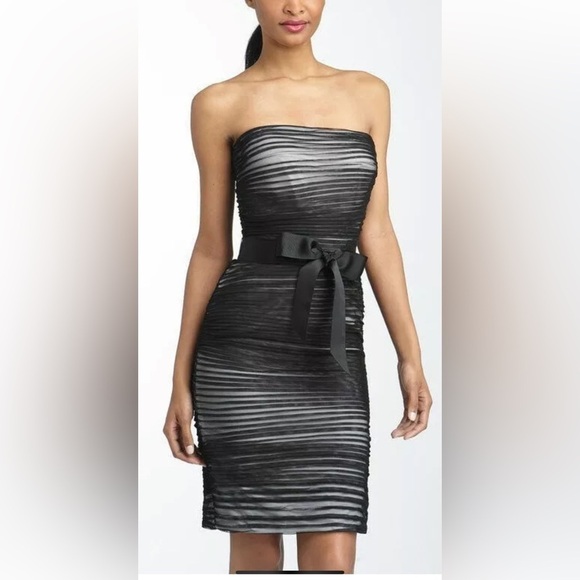 Tadashi Shoji Black/White Pleated Layered Mesh strapless tie waist dress size 8 - Picture 3 of 12